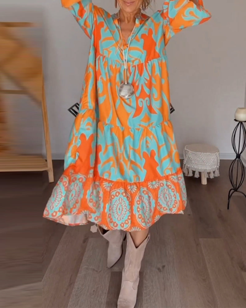 Modefest- Bedrucktes Kleid Mit Lockerer Rüsche Orange