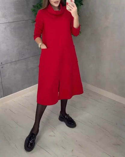 Modefest- Einfarbiges Kleid mit Rollkragen und Taschen Rot