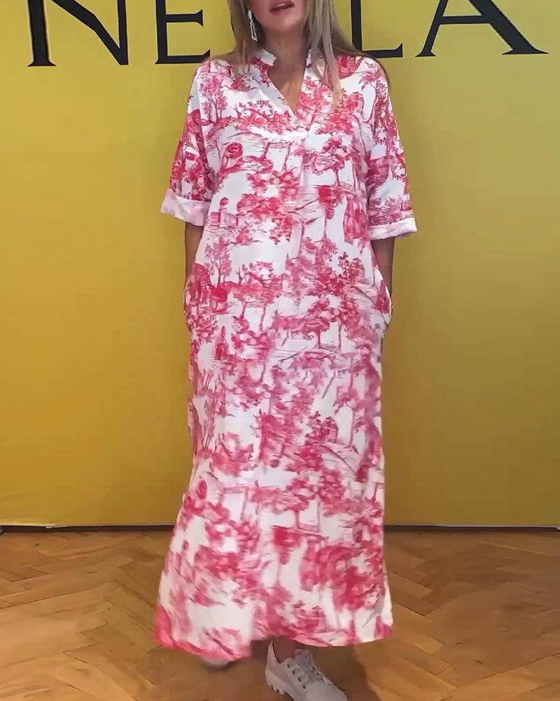 Modefest- Kleid mit Schlitztaschen und Landschaftsdruck