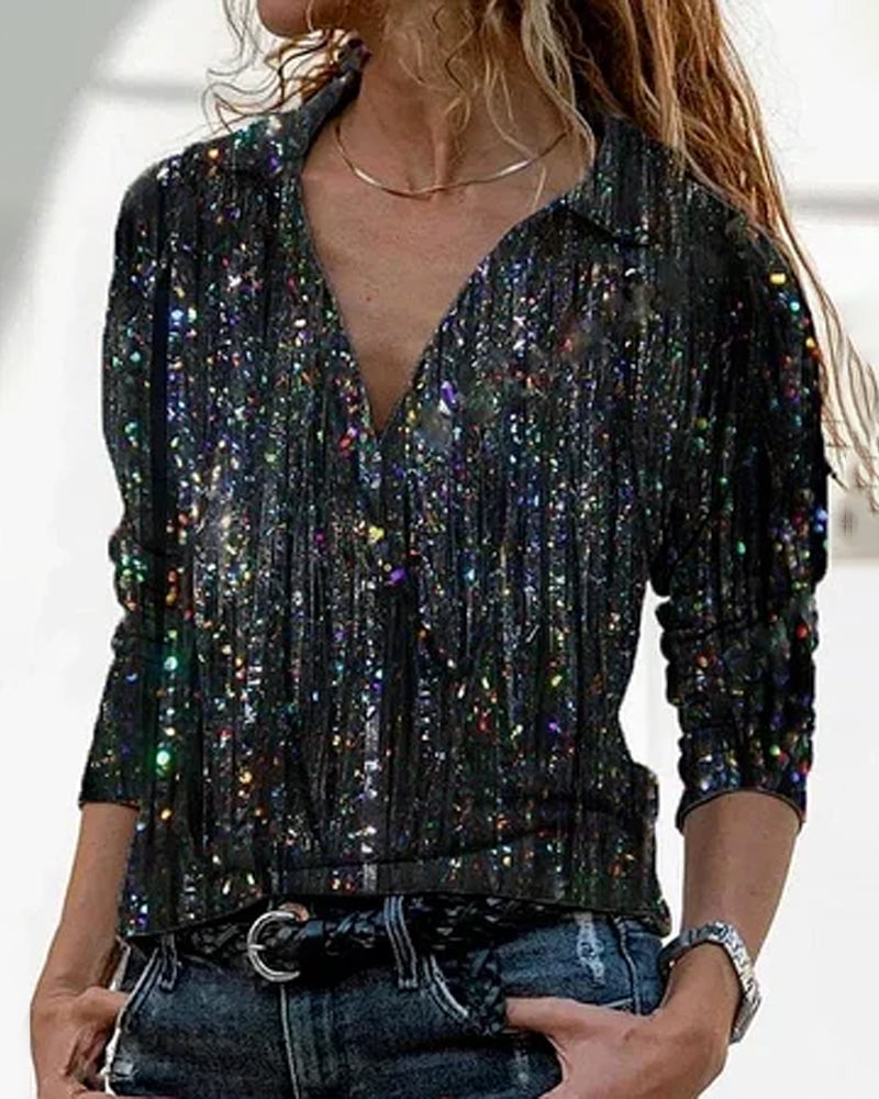 Modefest- Bluse mit langen Ärmeln und Revers Schwarz