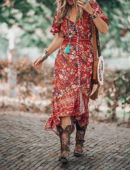 Boho printed dress with short sleeves and slit