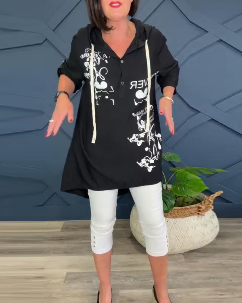 Blusa casual estampada com capuz e botão