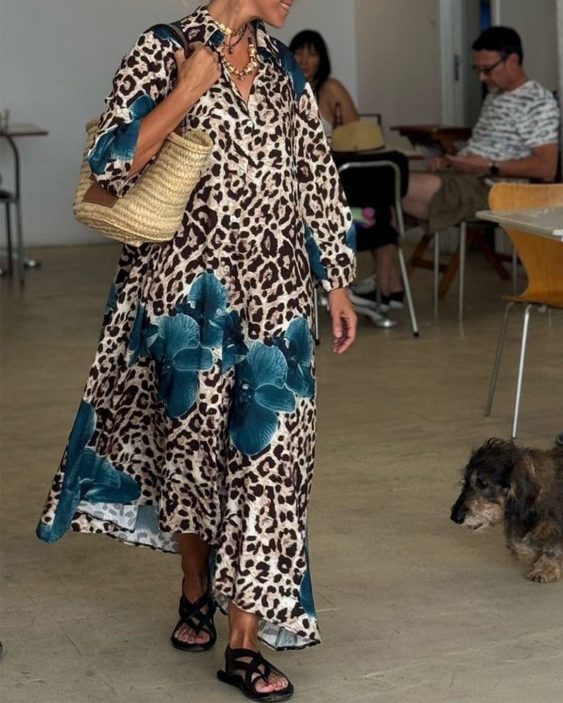 Leopard print dress with lapel