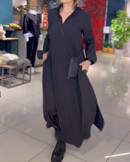 Modefest- Lockeres langes Kleid mit seitlichem Schlitzrevers Schwarz