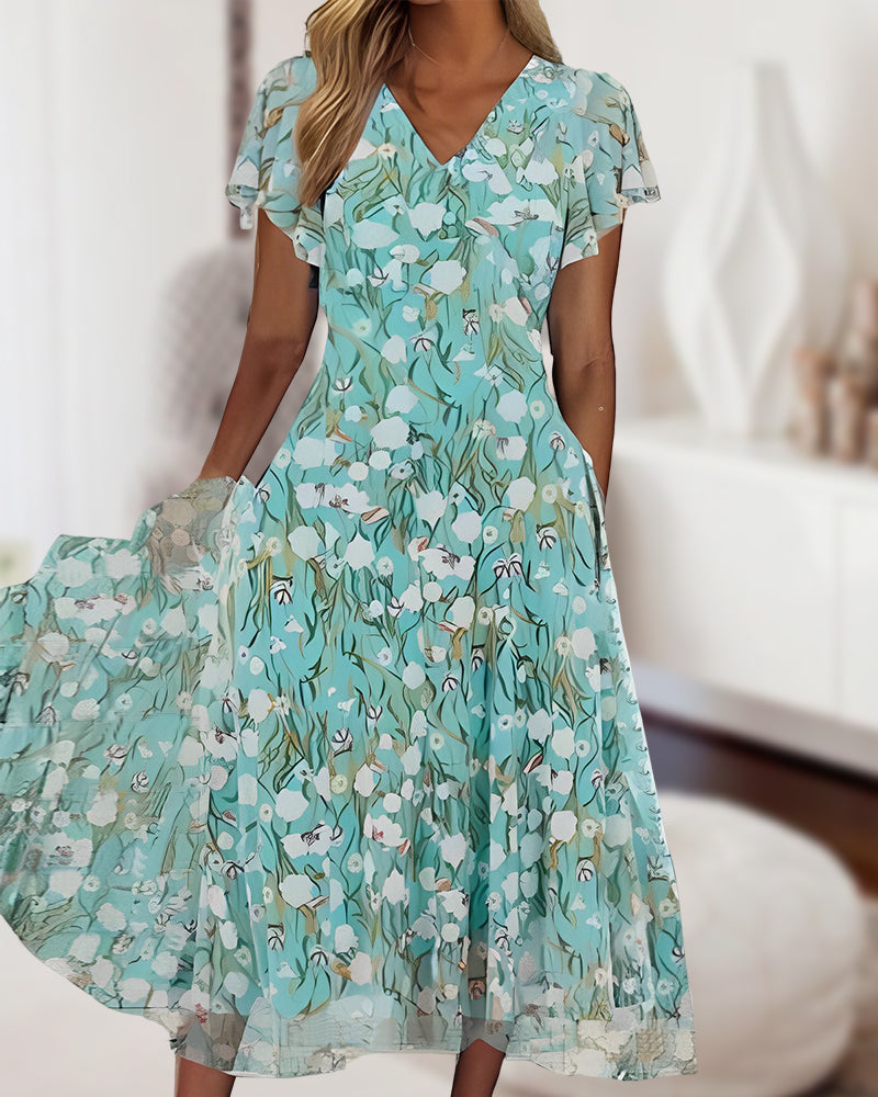 Modefest- Tailliertes Kleid mit Blumendruck und kurzen Ärmeln
