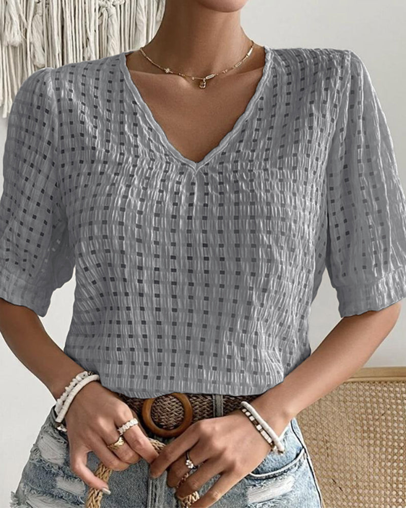 Modefest- Einfarbige Bluse mit V-Ausschnitt und kurzen Ärmeln Grau