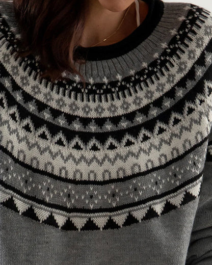 Modefest- Langarm-Pullover mit geometrischem Muster und Rundhalsausschnitt