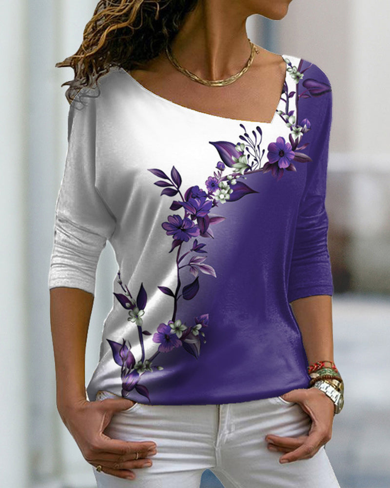 Modefest- Langarmshirt mit Blumendruck und V-Ausschnitt Violett