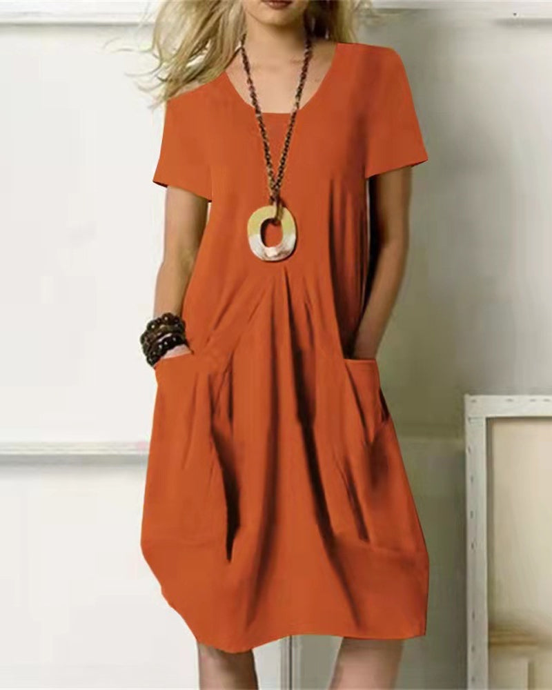 Modefest- Einfarbiges Kleid mit kurzen Ärmeln und Rundhalsausschnitt Orange