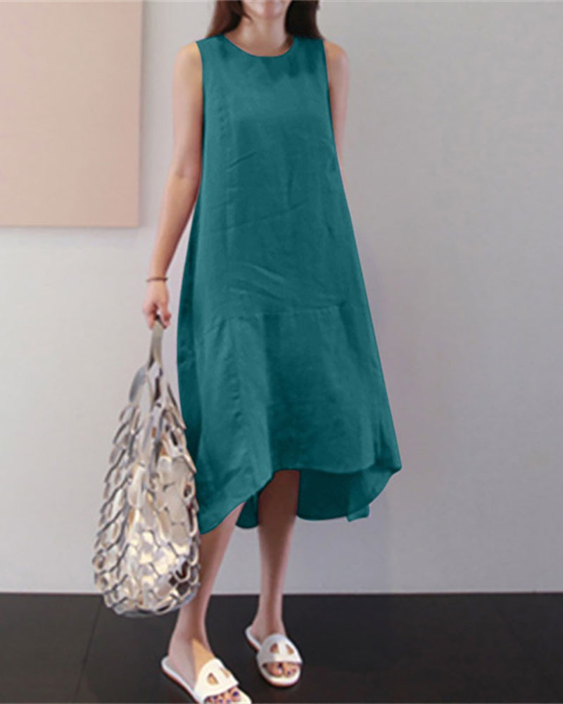 Modefest- Ärmelloses Kleid aus einfarbigem Baumwollleinen Grün