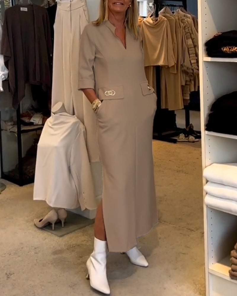 Modefest- Einfarbiges Schlitzkleid mit 3/4-Ärmeln Khaki