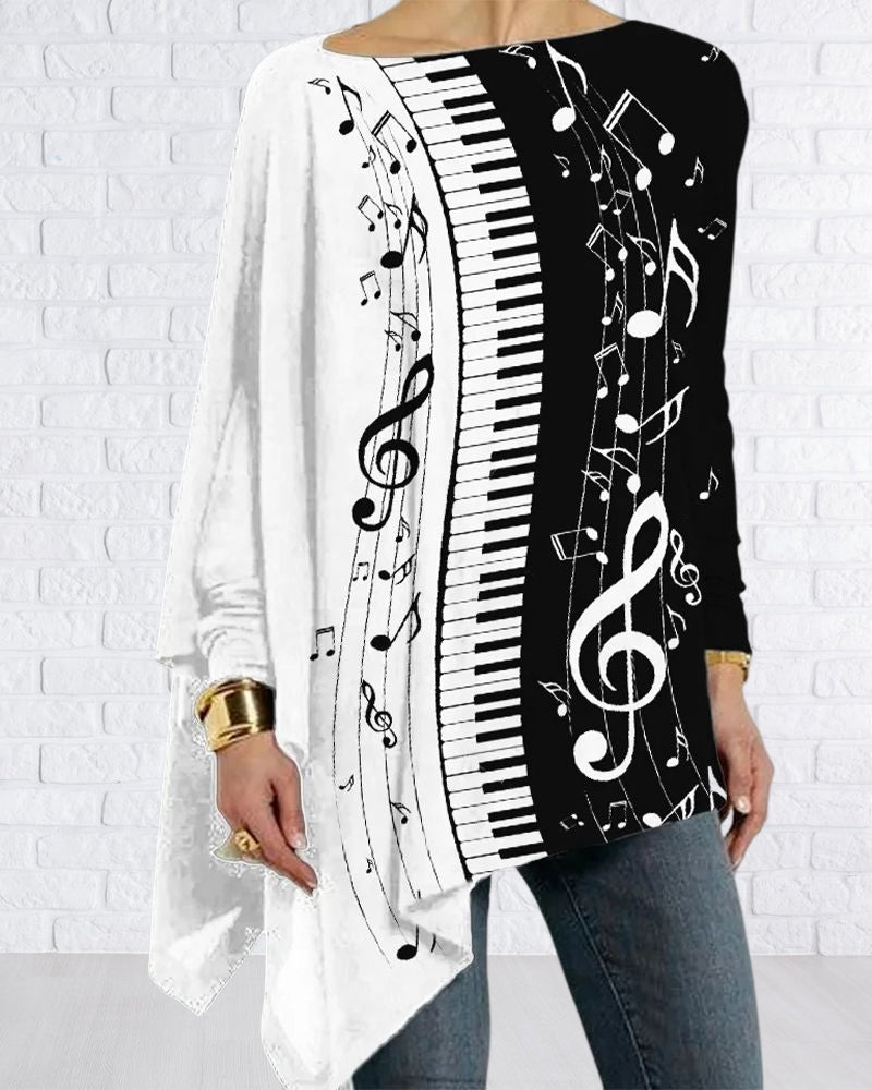 Modefest- Unregelmäßiges Langarm-Top mit Piano-Print