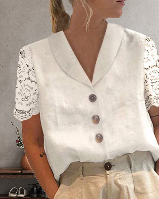 Modefest- Weiße einfarbige Bluse aus Baumwolle und Leinen Weiß