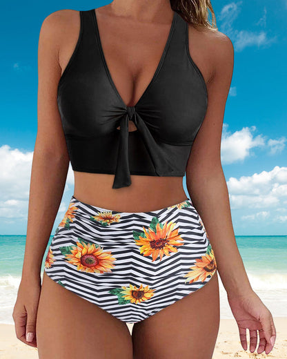 Modefest- Push-up-Bikini mit hoher Taille und Blumendruck Sonnenblumen-Schwarz-Weiß-Streifen