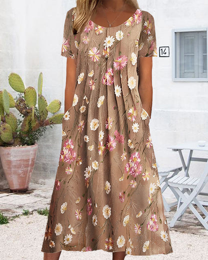 Modefest- Rundhalskleid mit Blumendruck und kurzen Ärmeln