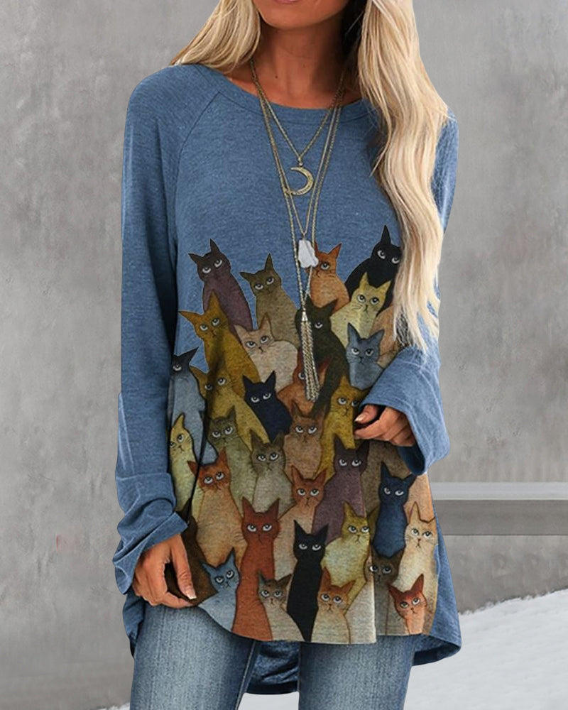 Modefest- Langarm-top mit rundhalsausschnitt und katzen-print Blau