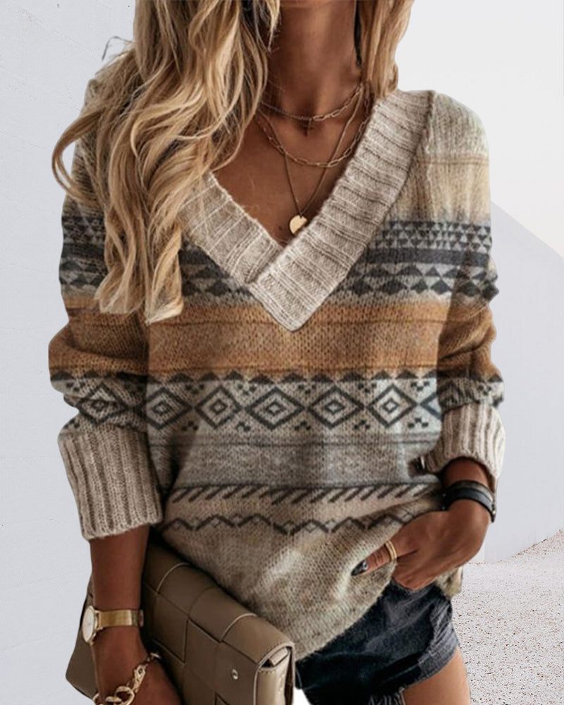 Modefest- Geometrischer Pullover mit V-Ausschnitt und langen Ärmeln