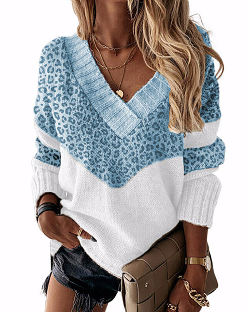 Modefest- Pullover mit Leopardenmuster und V-Ausschnitt Blau