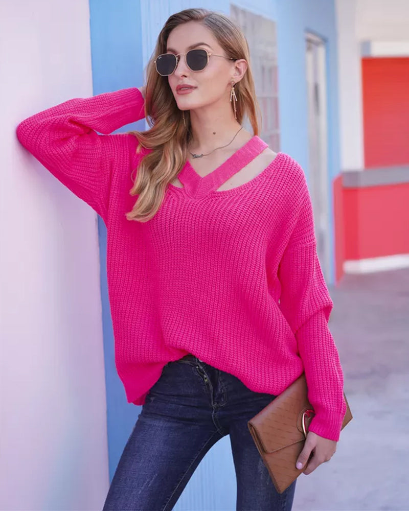 Modefest- Einfarbiger Pullover mit V-Ausschnitt
