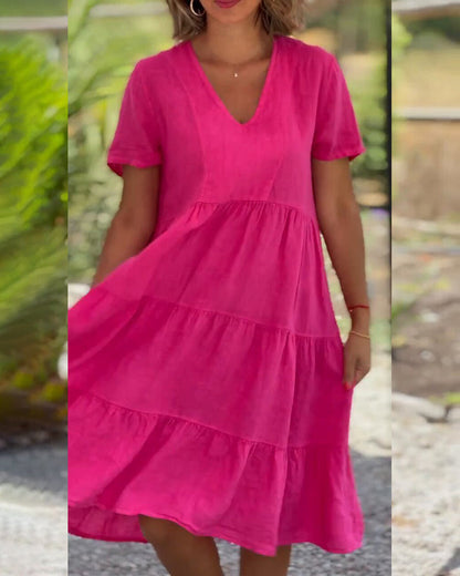 Modefest- Einfarbiges Kleid aus Baumwollleinen mit V-Ausschnitt