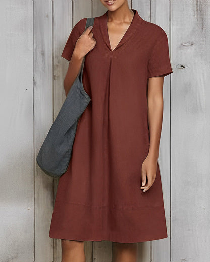 Modefest- Lockeres einfarbiges Kleid aus Baumwolle und Leinen Rotwein