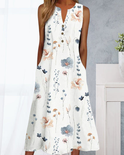 Modefest- Ärmelloses Kleid mit V-Ausschnitt und Blumendruck