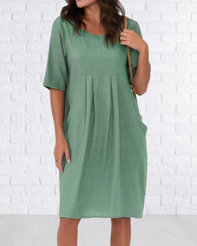Modefest- Einfarbiges Kleid mit Rundhalsausschnitt und Taschen Grün