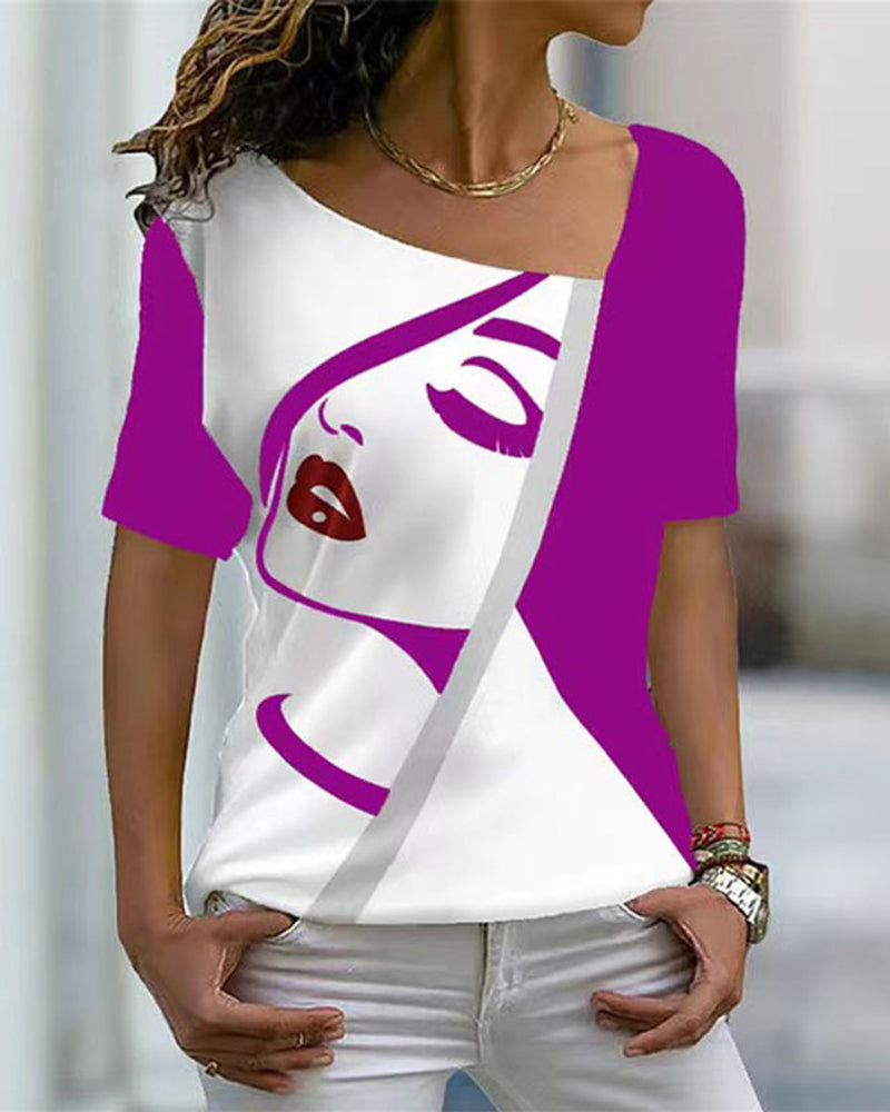 Modefest- Kurzärmliges T-Shirt mit V-Ausschnitt und Gesichtsaufdruck Fuchsie