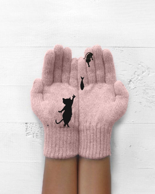 Modefest- Warme und lustige Handschuhe mit Kätzchen- und Fischdruck Rosa