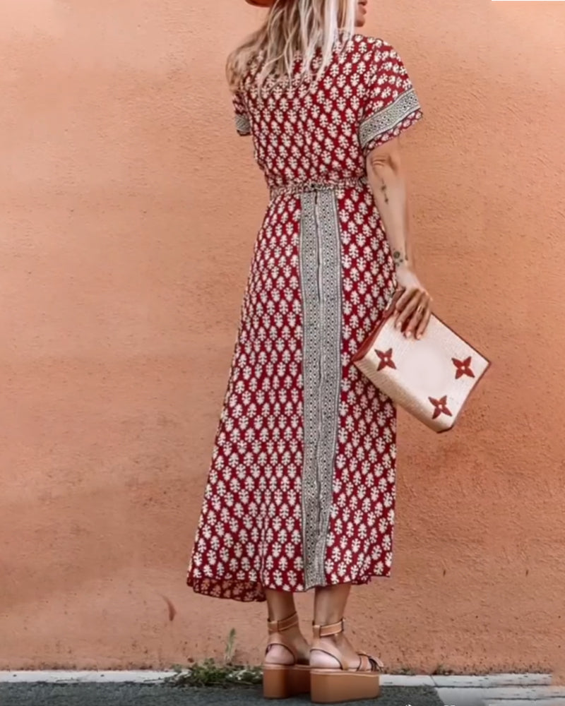 Modefest- Vintage-Kleid mit V-Ausschnitt und Print
