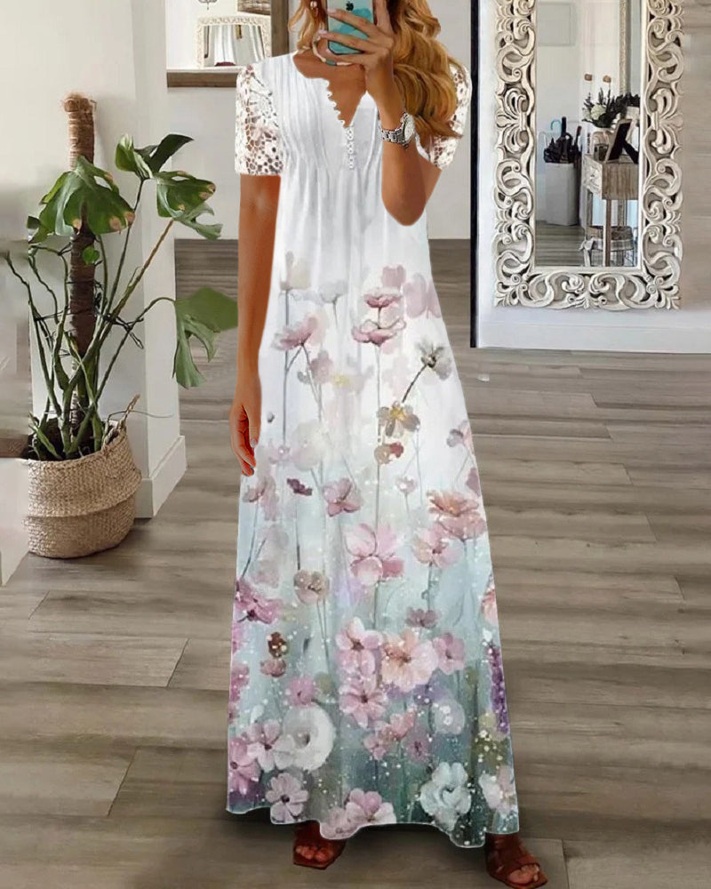 Modefest- Langes Kleid mit Blumendruck und kurzen Ärmeln aus Spitze Violett