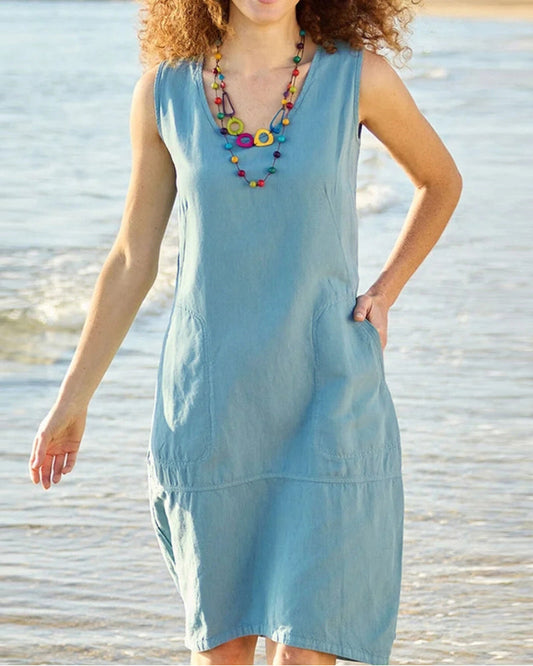 Modefest- Ärmelloses Kleid mit U-Ausschnitt und Tasche Himmelblau