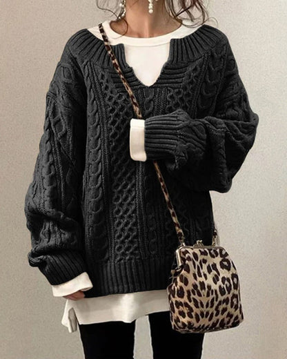 Modefest- Einfarbiger Pullover mit Zopfmuster Schwarz