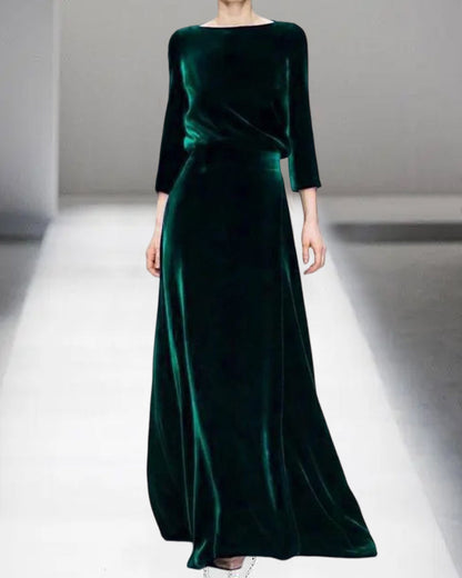 Modefest- Langes Kleid mit 3/4 Ärmeln und Rundhalsausschnitt Dunkelgrün