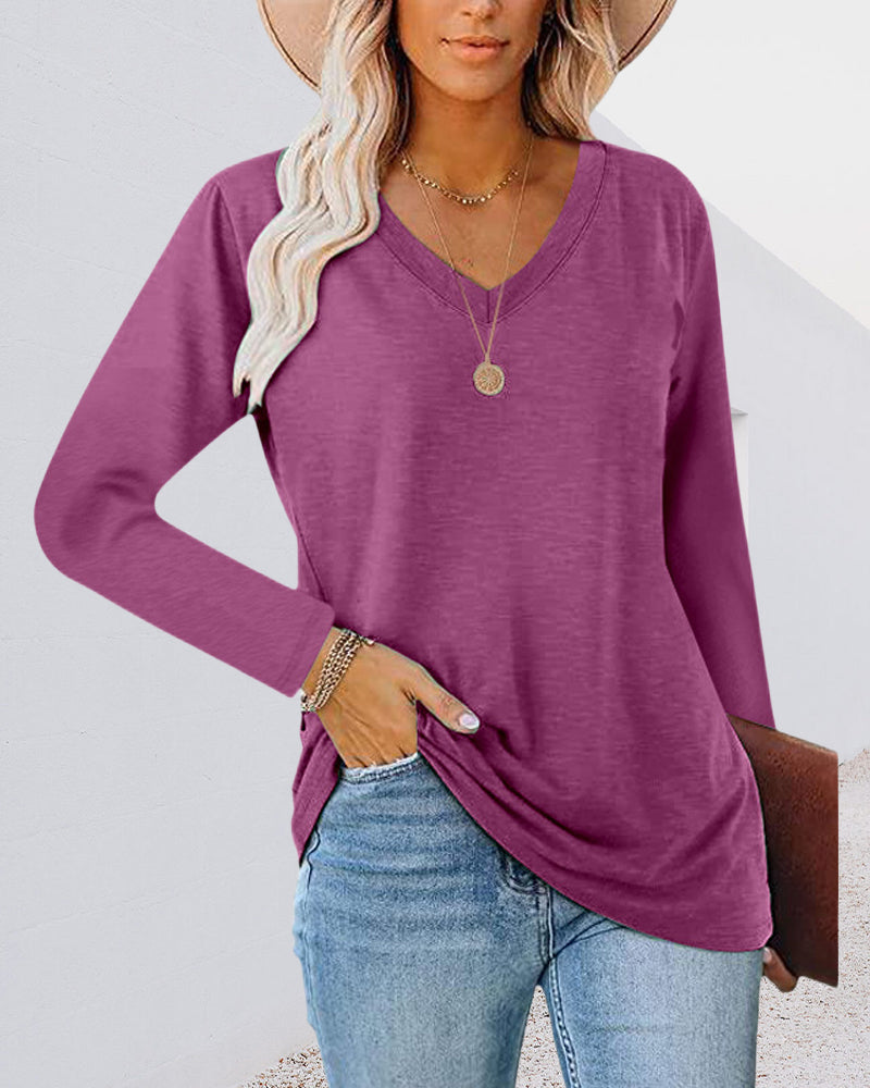Modefest- Einfarbiges Langarm-T-Shirt mit V-Ausschnitt Violett