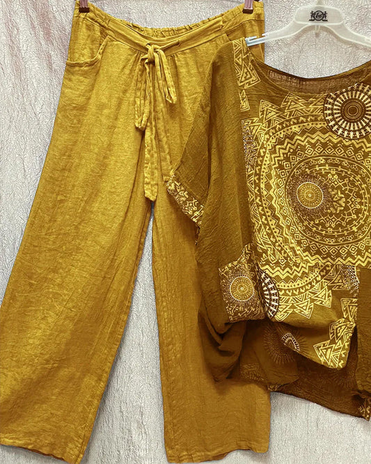 Modefest- Zweiteiliges Set aus Bluse und elastischer Taillenhose mit Druck Gelb