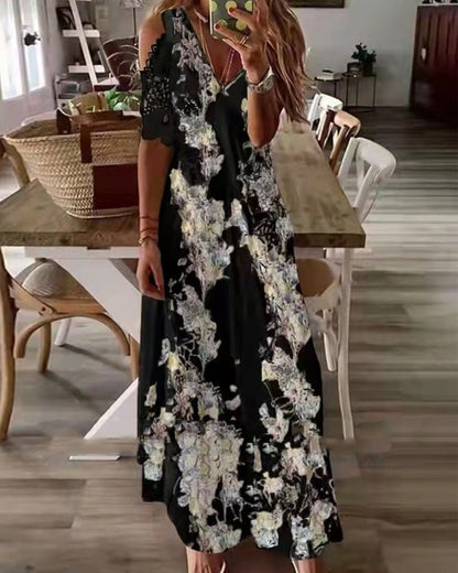 Modefest- Kleid mit Blumendruck und kurzen Spitzenärmeln Schwarz