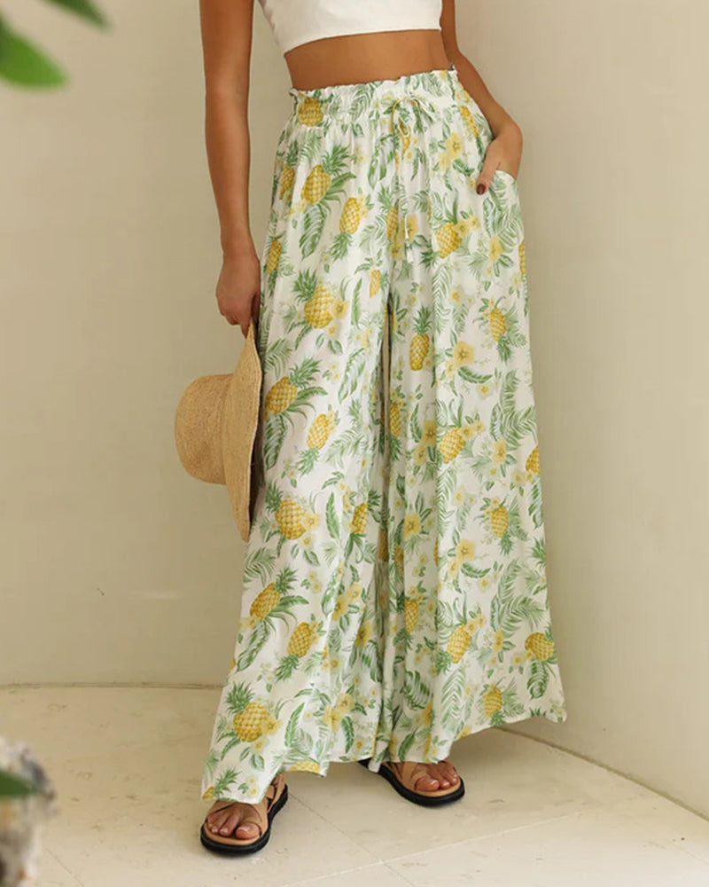 Modefest- Lässige Hose mit weitem Bein und Blätterdruck Gelb