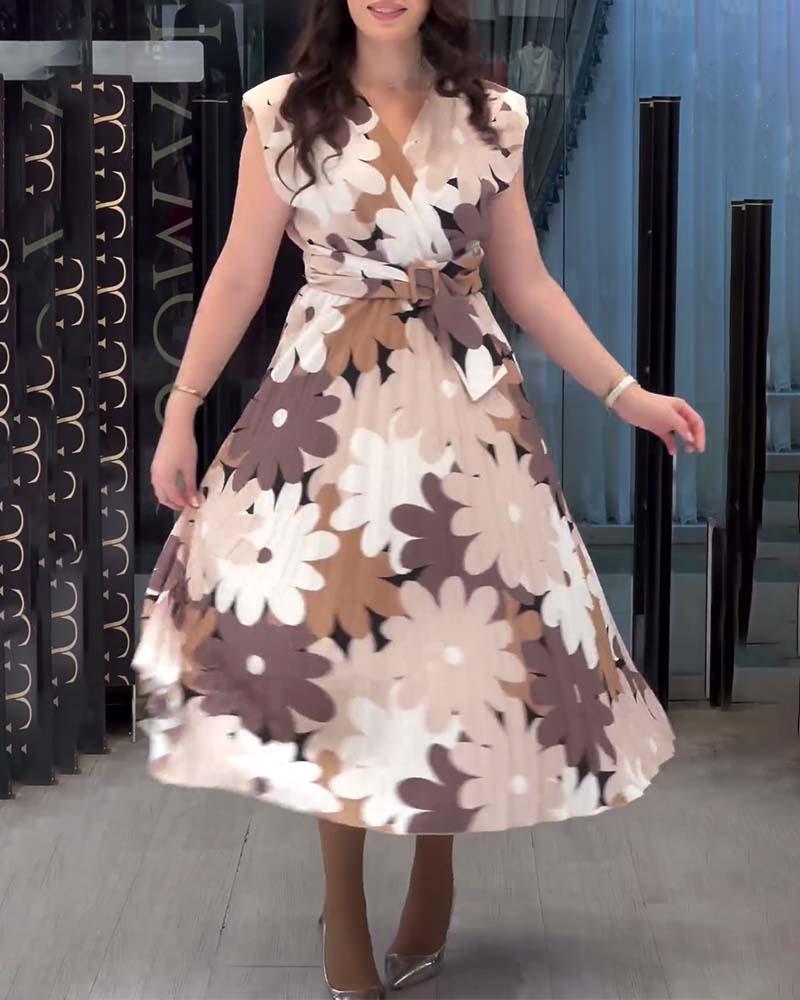 Robe élégante sans manches à motif floral avec col en V et plis