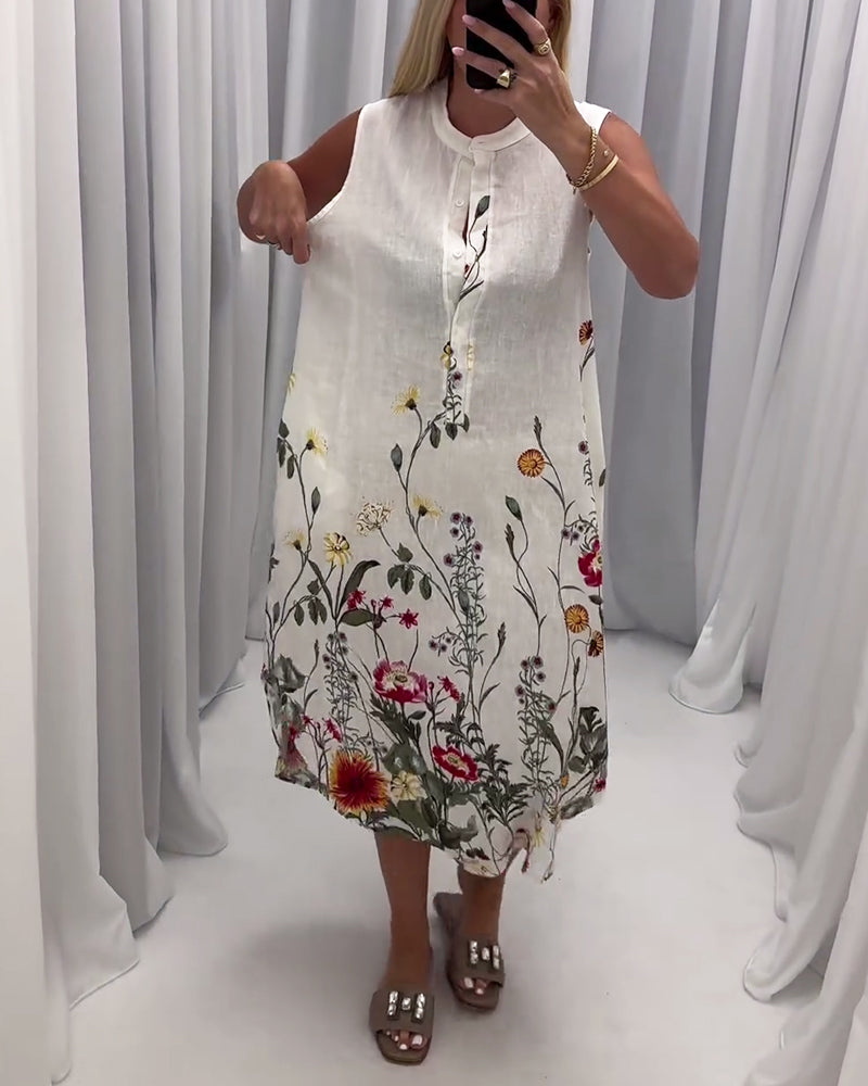 Vestido elegante sem mangas com estampa floral e botões