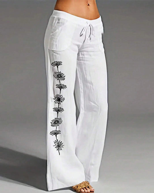 Casual floral print wide leg pants with lacing and pocket