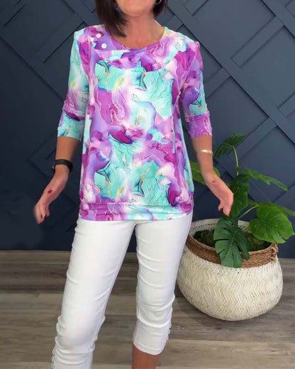 Blusa casual estampada com decote redondo