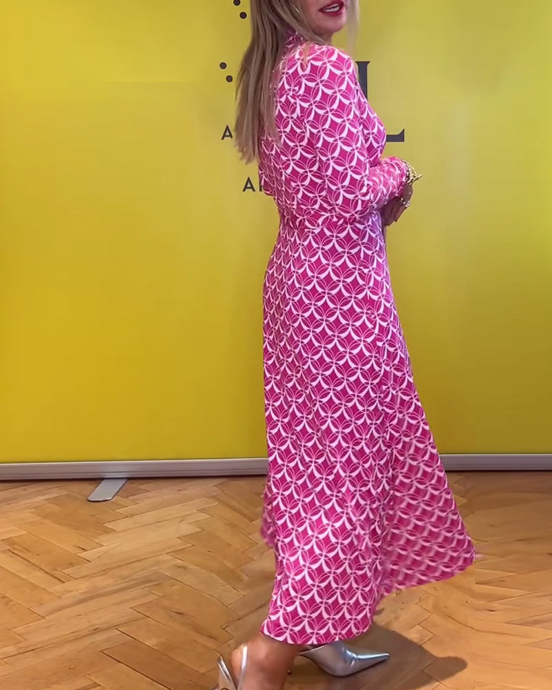 Vestido elegante de lapela e botão com estampa geométrica