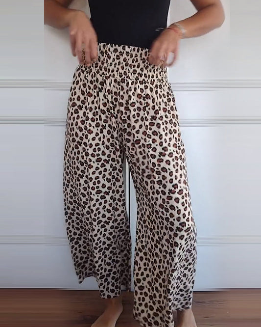 Casual leopard print wide leg trousers
