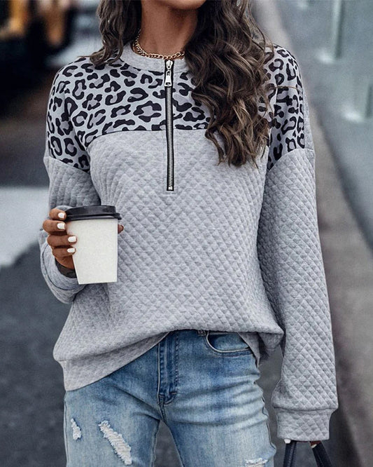 Modefest- Sweatshirt mit Reißverschluss und Leoparden-Patchwork-Print Grau
