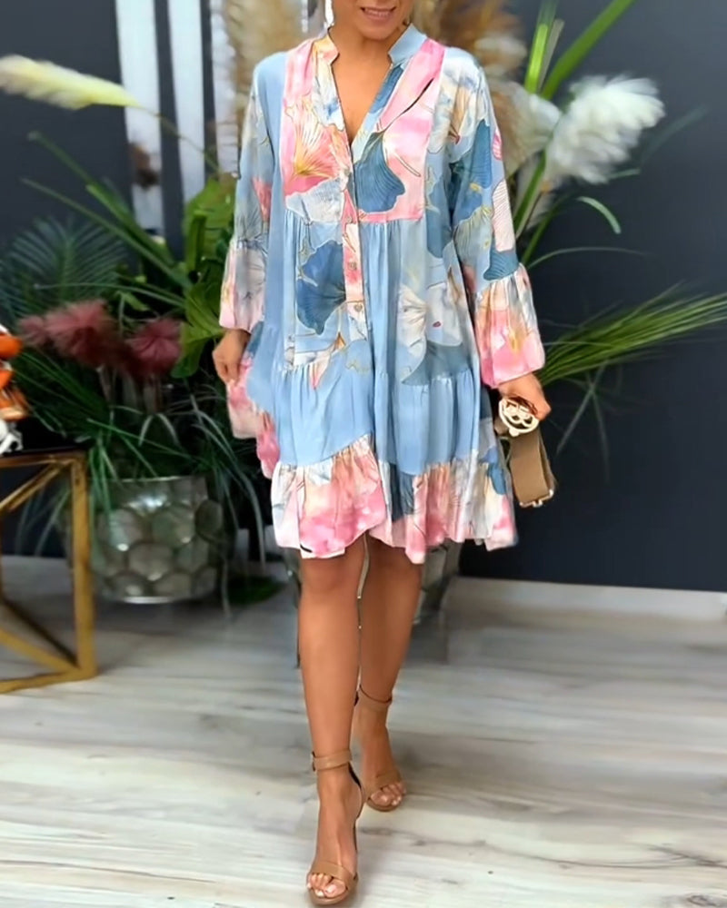 Long Sleeve Printed Patchwork Casual Dress