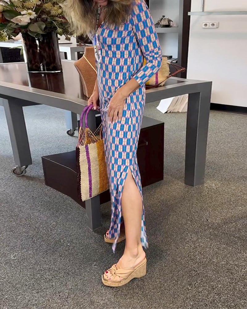 Casual printed v-neck slit dress