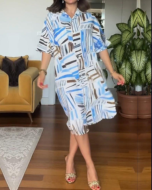 Casual printed dress with lapel and half sleeves