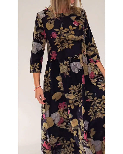 Robe élégante à encolure ronde et imprimé floral et feuilles