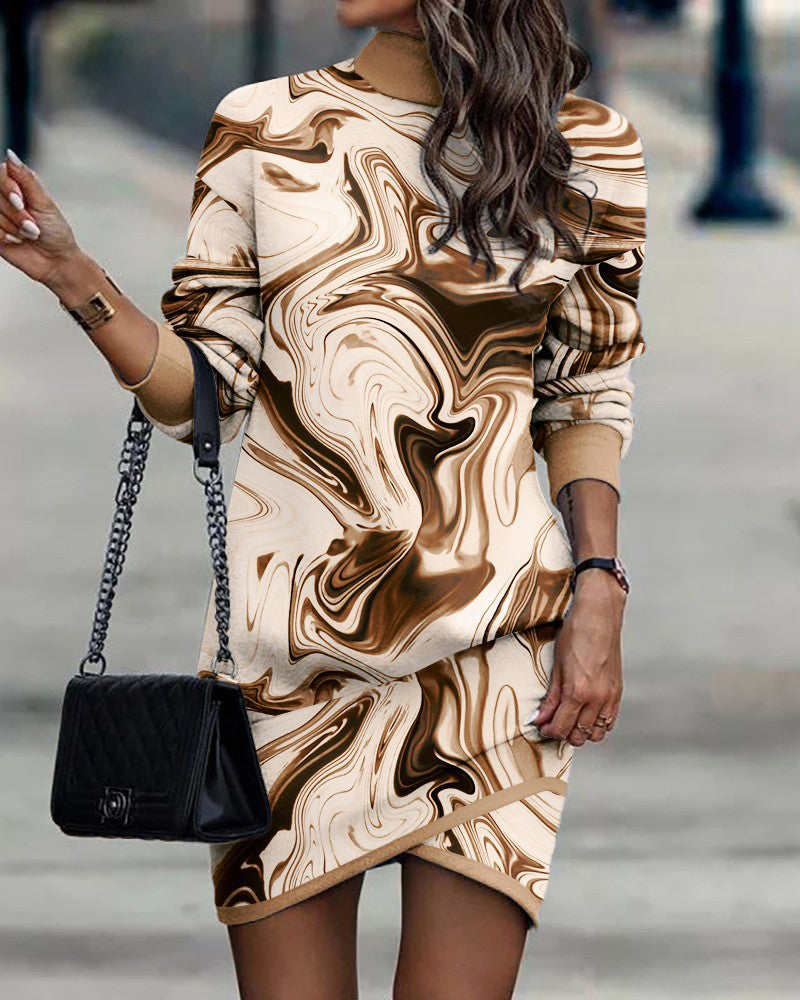 Modefest- Bedrucktes kleid mit rollkragen und langen ärmeln Kaffee